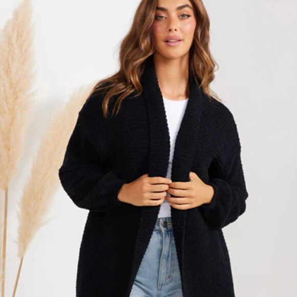 Twosisters The Label Apollo Open Front Long Cardigan Sherpa Teddy Knit Black S/M - Picture 2 of 10